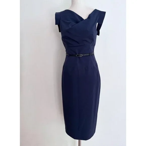EUC Black Halo Classic Jackie O Leather Belted Navy Blue Cocktail Sheath  Dress 4 Dresses